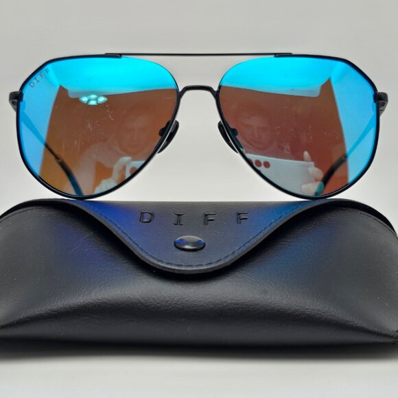 Diff Eyewear Dash Black Frame Polarized Blue Mirror Lens Aviator Sunglasses 61mm - Picture 1 of 16